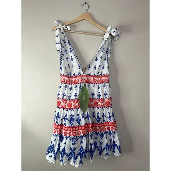 NWT Farm Rio V-neck Shoulder Tie Graphic Fishes Off White Tiered Dress Sz: Small - Picture 2 of 8